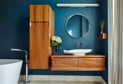 Bath design with wood furniture