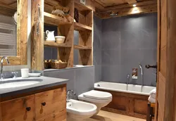 Bath design with wood furniture