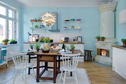Gray-blue wall color in the kitchen interior