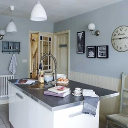 Gray-blue wall color in the kitchen interior