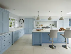 Gray-blue wall color in the kitchen interior