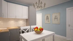 Gray-blue wall color in the kitchen interior