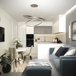 Interior of square kitchen living room