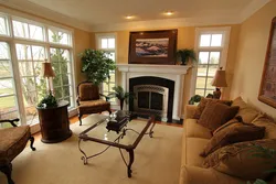 Interiors with a fireplace in a country house living room