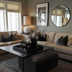 Living room interior with brown corner sofa