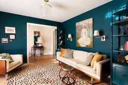Green walls in the living room interior photo