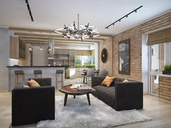 Zamonaviy loft uslubida yashash xonasi bilan oshxona dizayni