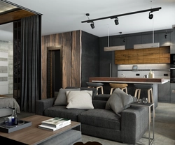 Zamonaviy loft uslubida yashash xonasi bilan oshxona dizayni