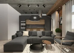 Müasir loft üslubunda qonaq otağı ilə mətbəx dizaynı