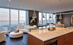 Kitchen design with panoramic windows in a modern style