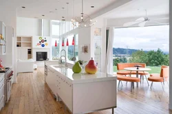 Kitchen design with panoramic windows in a modern style