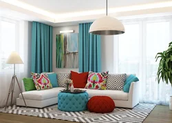 Curtains in the color of the sofa in the living room interior
