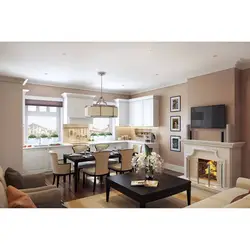 Kitchen interior with fireplace in apartment
