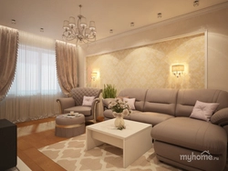 Beige wallpaper in the living room in a modern style photo in the interior