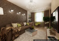 Beige wallpaper in the living room in a modern style photo in the interior