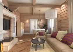 Living room design in a wooden house made of timber photo