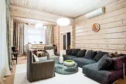 Living Room Design In A Wooden House Made Of Timber Photo