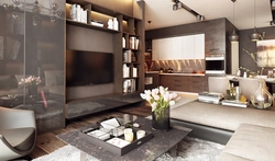 Photo Of A Dark Living Room With Kitchen