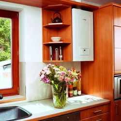 Interior of a small kitchen with a floor-standing boiler