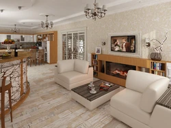 Floor design in the living room combined with the kitchen