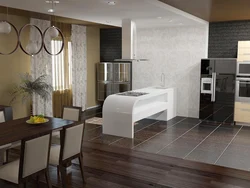 Floor design in the living room combined with the kitchen