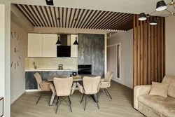 Slats in the interior of the kitchen living room on the wall