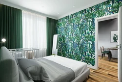 Green wallpaper for bedroom walls in the interior