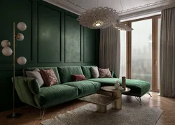 Qonaq Otağının Interyerində Yaşıl Divan Və Interyerdə Foto Pərdələr