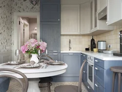 Color combination in the interior of a gray-blue kitchen
