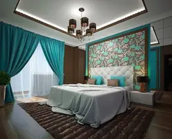 Bedroom interior in turquoise style