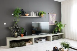 Shelves above the TV in the living room in the interior