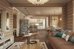 Living room in a wooden house made of timber photo