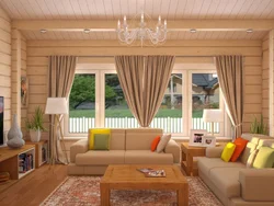 Living Room In A Wooden House Made Of Timber Photo