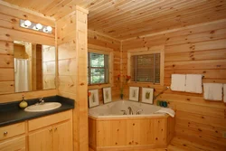 Toilet with bathtub in a wooden house photo design