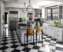 Kitchen design with black and white floor