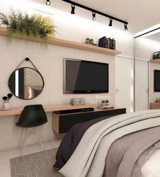 Bedroom interior with bed and tv