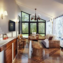 Kitchen design living room 35 sq m with access to the terrace