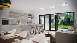Kitchen design living room 35 sq m with access to the terrace