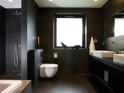 Bath design dark floor light walls