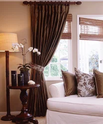 Brown curtains in the living room interior