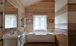 Bathroom design in a wooden house with tiles