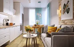 Kitchen design in 14 sq m modern style with a sofa