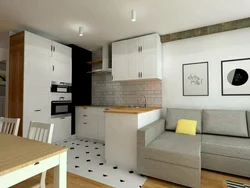 Kitchen design in 14 sq m modern style with a sofa