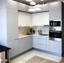 Photo of a kitchen up to the ceiling at an angle