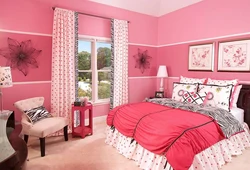 What colors goes with pink in a bedroom interior photo
