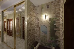 Finishing the apartment with stone and wallpaper photo