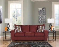 Burgundy color of the sofa in the living room interior photo