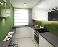 Small narrow kitchen design photo with refrigerator