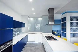 Kitchen design in white and blue tones