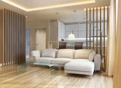 Slatted partition in the living room interior
